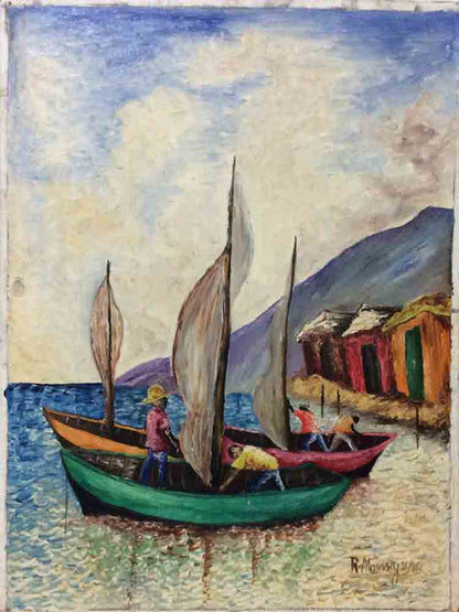 Roussel Moussignac 14"x11" Tres barcos 1972 Óleo a bordo #1-2-95MFN