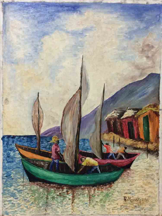 Roussel Moussignac 14"x11" Tres barcos 1972 Óleo a bordo #1-2-95MFN