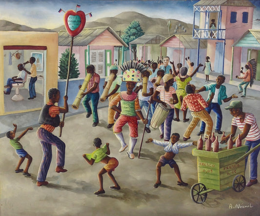 Andre Normil (1934-2014) 20"x24" Escena Carnaval "Vive Duvalier" Óleo sobre Masonite # 2402GN-HA