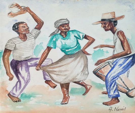 Andre Normil (1934-2014) 10"x11" Drum Dance Acuarela sobre papel #1400GN-HA