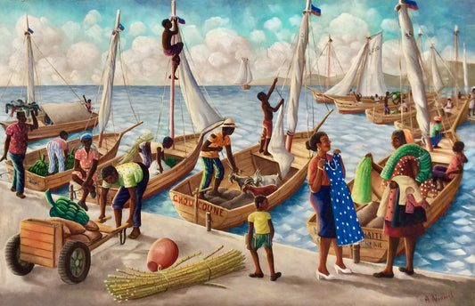 Andre Normil (1934-2014) 20"x30" Marine c1960 Óleo sobre Masonite #1GSN-NY