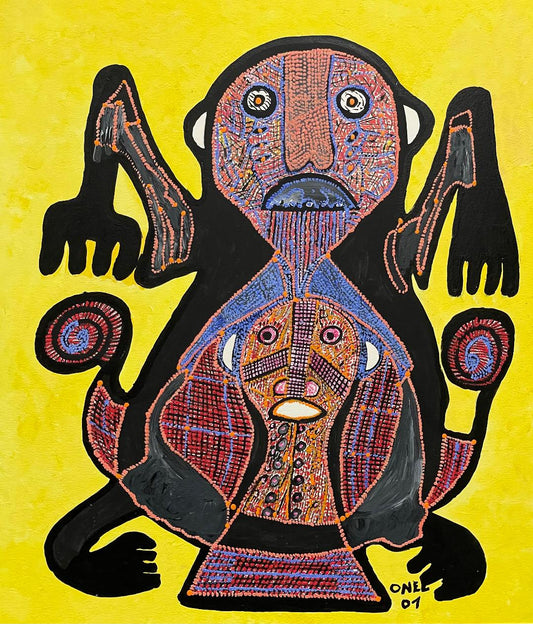 Onel-Lionel Paul 16 ¼"x13 ⅞" Resumen/Dos espíritus en fondo amarillo 2001 Pintura acrílica sobre papel Bristol montado #3MFN