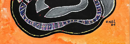 Onel-Lionel Paul 16 ¼"x13 ⅞" Resumen/Espíritu y serpientes en fondo naranja 2001 Pintura acrílica sobre papel Bristol montado #4MFN