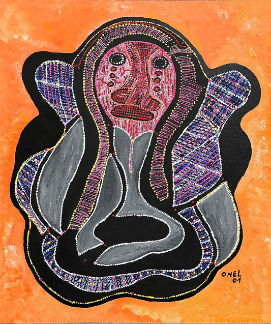 Onel-Lionel Paul 16 ¼"x13 ⅞" Resumen/Espíritu y serpientes en fondo naranja 2001 Pintura acrílica sobre papel Bristol montado #4MFN