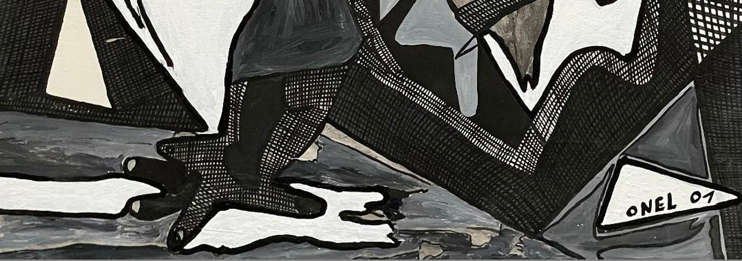 Onel-Lionel Paul 23 ⅜"x17 ¾" Resumen espiritual en blanco y negro 2001 Pintura acrílica sobre papel Bristol montado #5MFN