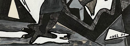 Onel-Lionel Paul 23 ⅜"x17 ¾" Resumen espiritual en blanco y negro 2001 Pintura acrílica sobre papel Bristol montado #5MFN