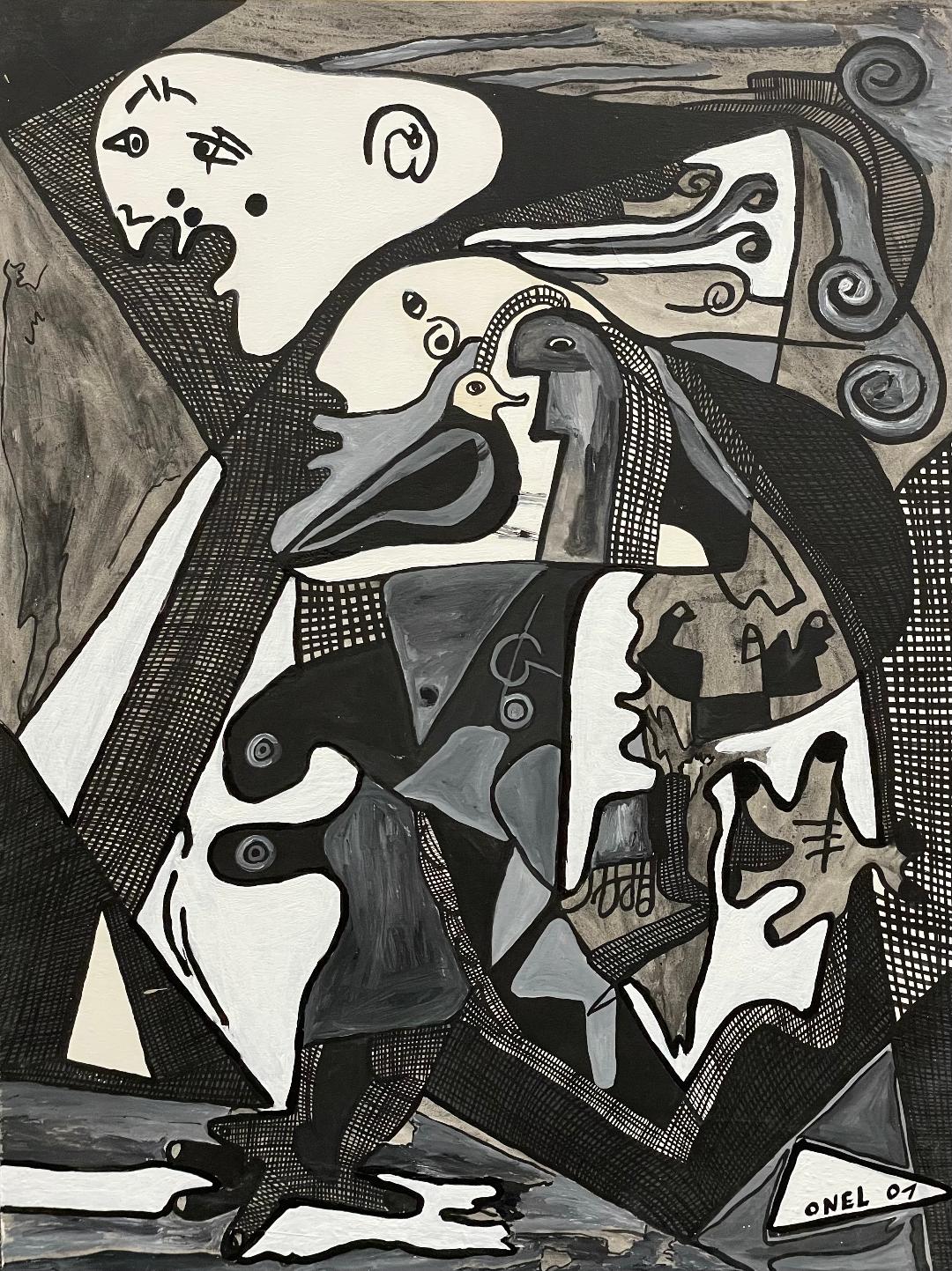 Onel-Lionel Paul 23 ⅜"x17 ¾" Resumen espiritual en blanco y negro 2001 Pintura acrílica sobre papel Bristol montado #5MFN
