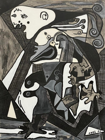 Onel-Lionel Paul 23 ⅜"x17 ¾" Resumen espiritual en blanco y negro 2001 Pintura acrílica sobre papel Bristol montado #5MFN