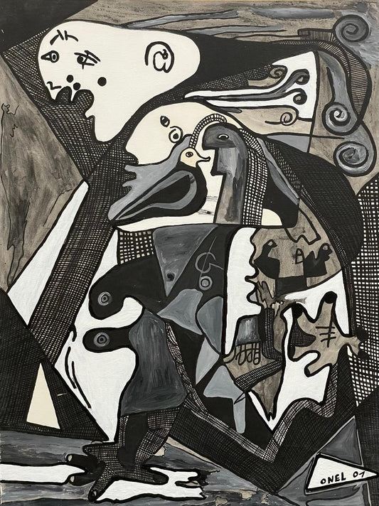 Onel-Lionel Paul 23 ⅜"x17 ¾" Resumen espiritual en blanco y negro 2001 Pintura acrílica sobre papel Bristol montado #5MFN