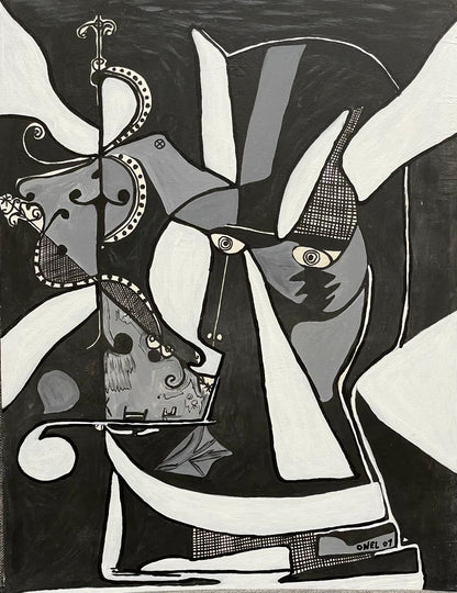 Onel-Lionel Paul 23 ⅜"x17 ¾" Resumen espiritual en blanco y negro con VEVE 2001 Pintura acrílica sobre papel Bristol montado #6MFN