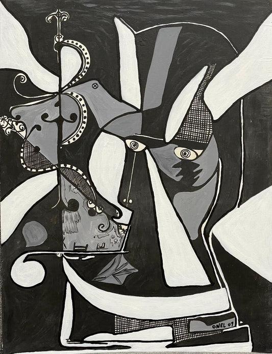 Onel-Lionel Paul 23 ⅜"x17 ¾" Resumen espiritual en blanco y negro con VEVE 2001 Pintura acrílica sobre papel Bristol montado #6MFN