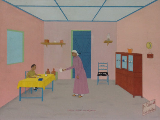 Antoine Obin (1929-1992) 18"x24" Antoine Prend Son Dejeuner/Antoine Desayunando 1981 Óleo sobre Masonite #16-3-96GN-HA