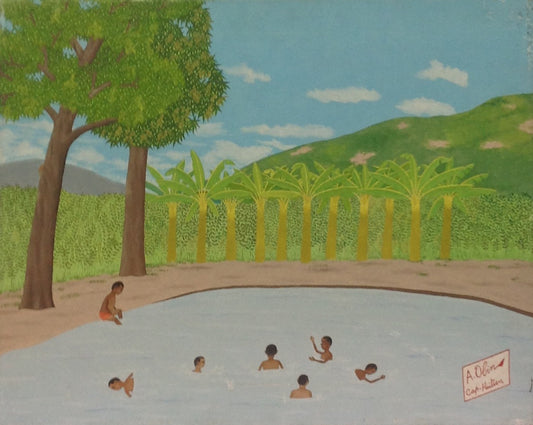 Antoine Obin (1929-1992) 16"x20" Bañándose en el río Óleo sobre Masonite #8-3-96GN-HA