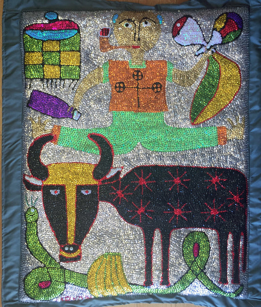 Maxon Scylla- Bandera haitiana de vudú con lentejuelas y cuentas en satén, 2016 "ZaKa, Bossou, Damballa" #3MFN 32"x28"