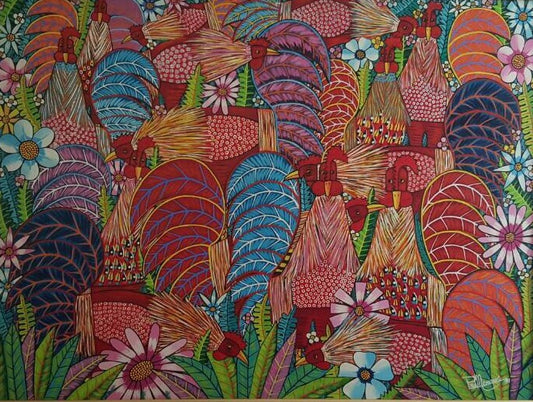 Paul Nemours 36"x48" Gallos 1991 Óleo sobre lienzo #1JN-HA