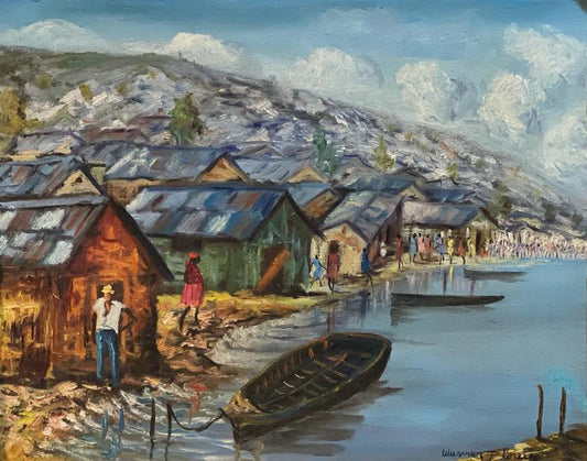 Wesner Pierre-Louis 16"x20" Village Ghetto Acrílico sobre lienzo #1HL