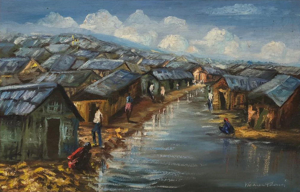 Wesner Pierre-Louis 16"x24" Ghetto Óleo sobre lienzo Enmarcado #1FC