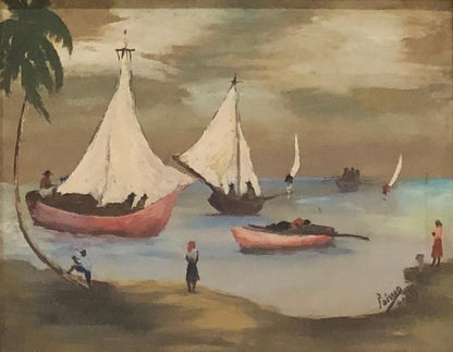 Louverture Poisson (1914-1985) 12"x16" Marine c1970 Óleo sobre lienzo Enmarcado #1FC
