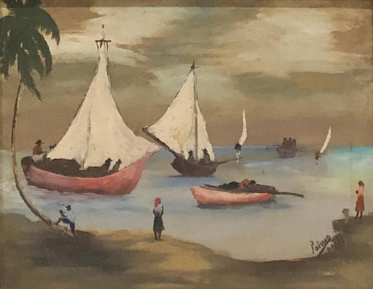 Louverture Poisson (1914-1985) 12"x16" Marine c1970 Óleo sobre lienzo Enmarcado #1FC