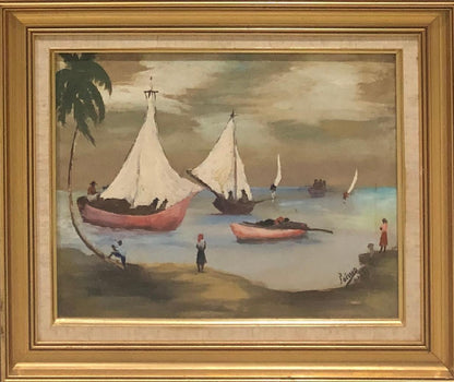 Louverture Poisson (1914-1985) 12"x16" Marine c1970 Óleo sobre lienzo Enmarcado #1FC
