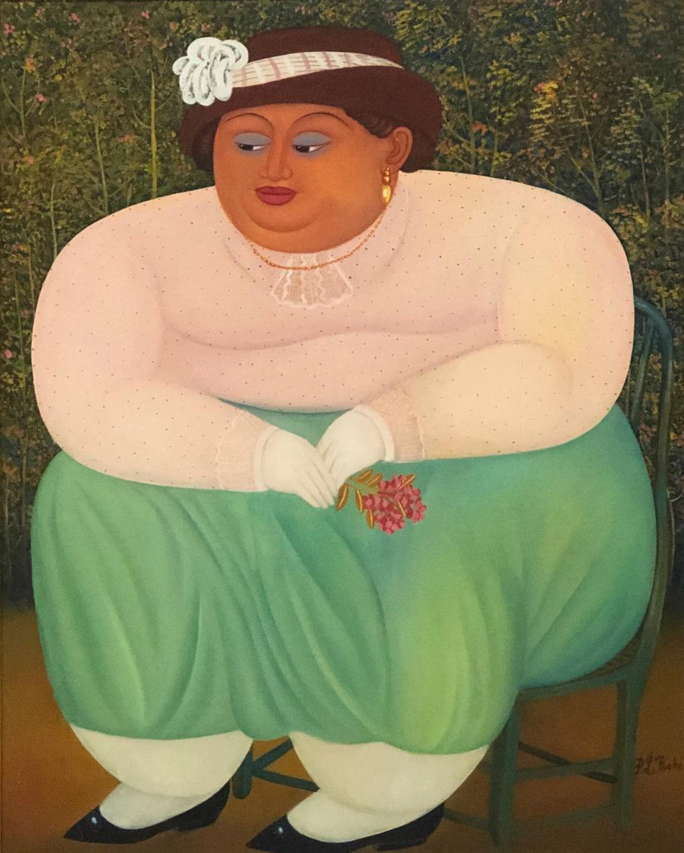 Pierre-Louis Riche 30"x24" Fat Lady en falda verde Acrílico sobre Masonite Enmarcado #2FC