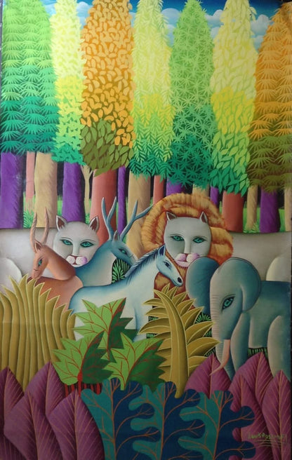 Louis Rosemond 48"x36"Scène de la jungle c2000 Huile sur toile #1MFN
