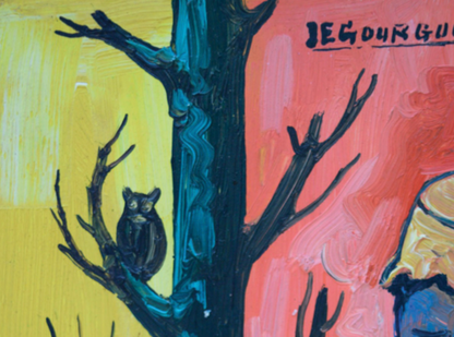 Jacques-Enguerrand Gourgue (1931-1996) 6"x4" El tambor, el árbol y el búho Óleo a bordo Artículo de coleccionista n.° 1PM