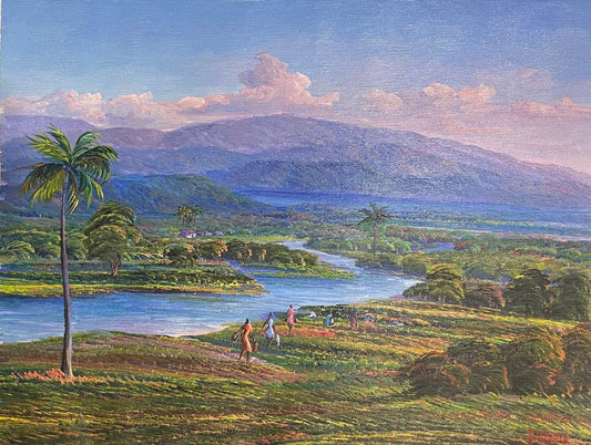 Jean Adrien Seide 12"x16" Mujeres ocupadas por el agua y los campos 2022 Acrílico sobre lienzo #14MFN