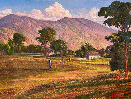Jean Adrien Seide 12"x16" Las montañas, la cabaña y la gente 2021 Acrílico sobre lienzo #7MFN