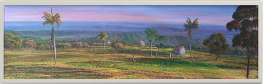 Jean Adrien Seide 12"x40" Las cabañas, palmeras y personas 2021 Acrílico sobre lienzo #3MFN