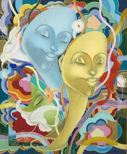 Bernard Sejourne (1947-1994) 24"x20" Cara azul/Cara amarilla 1988 Acrílico sobre Masonite Enmarcado #15FC