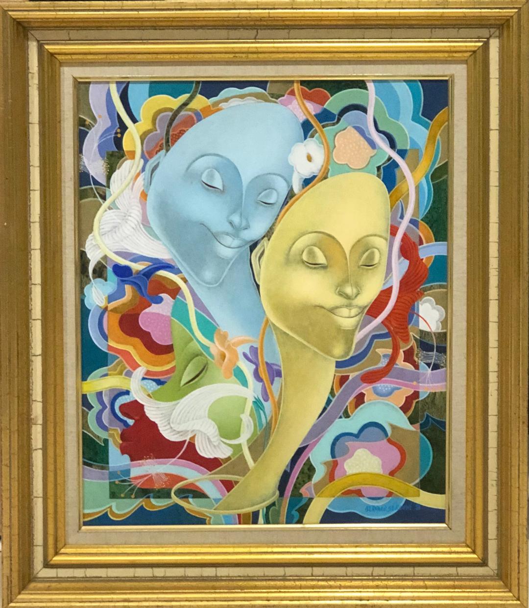 Bernard Sejourne (1947-1994) 24"x20" Cara azul/Cara amarilla 1988 Acrílico sobre Masonite Enmarcado #15FC