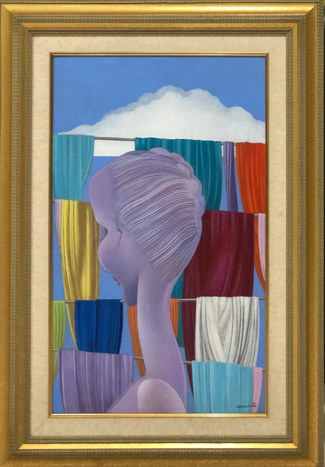 Bernard Sejourne (1947-1994) 30"x18" Lady with Fabrics 1994 Acrílico sobre Masonite Enmarcado #6FC