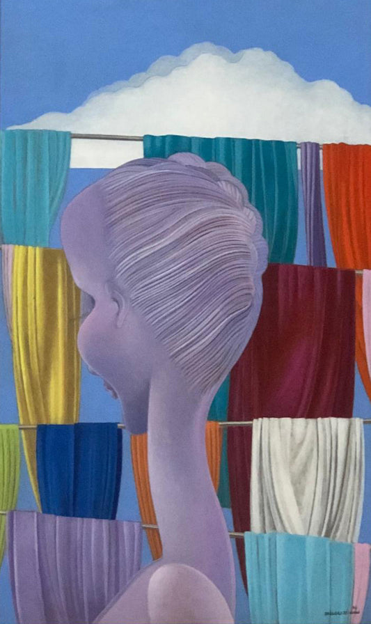 Bernard Sejourne (1947-1994) 30"x18" Lady with Fabrics 1994 Acrílico sobre Masonite Enmarcado #6FC