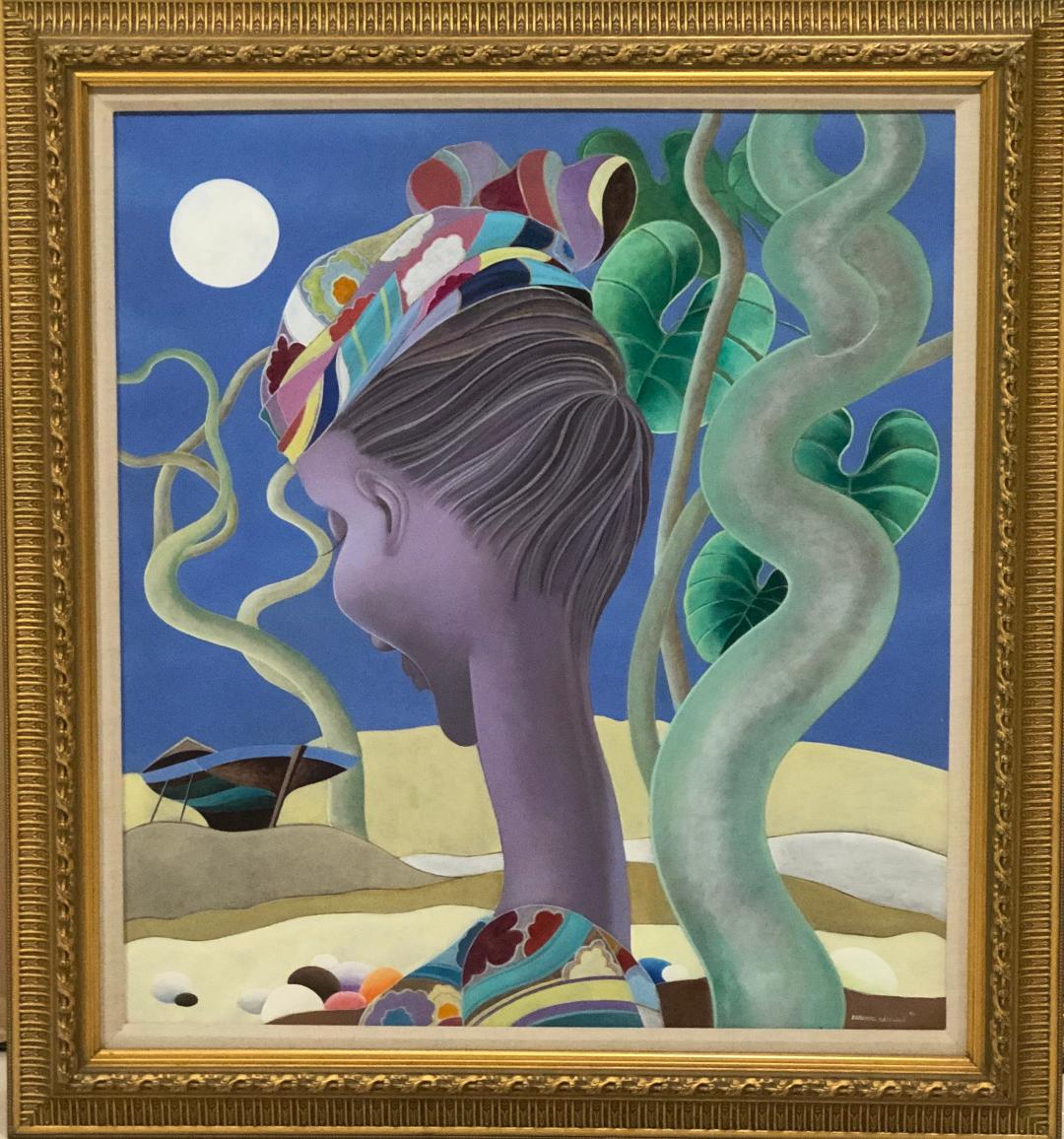 Bernard Sejourne (1947-1994) 31"x28" Dama con bote en la playa 1993 Acrílico sobre Masonite Enmarcado #1FC