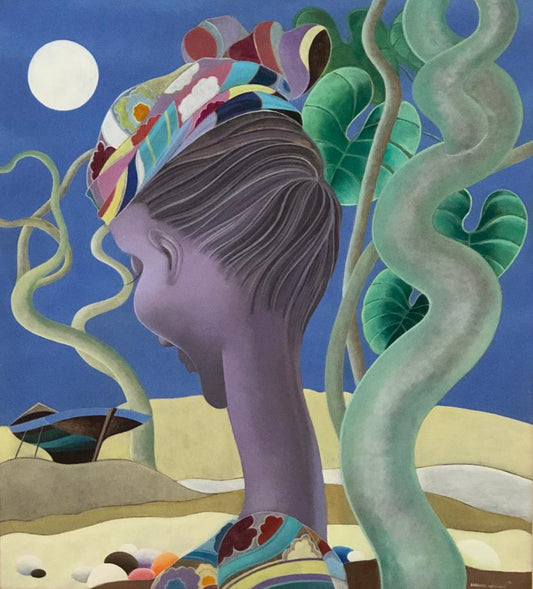 Bernard Sejourne (1947-1994) 31"x28" Dama con bote en la playa 1993 Acrílico sobre Masonite Enmarcado #1FC