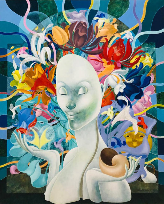 Bernard Sejourne (1947-1994) 48"x40" Dama con corona de flores 1992 Acrílico sobre Masonite #3FC