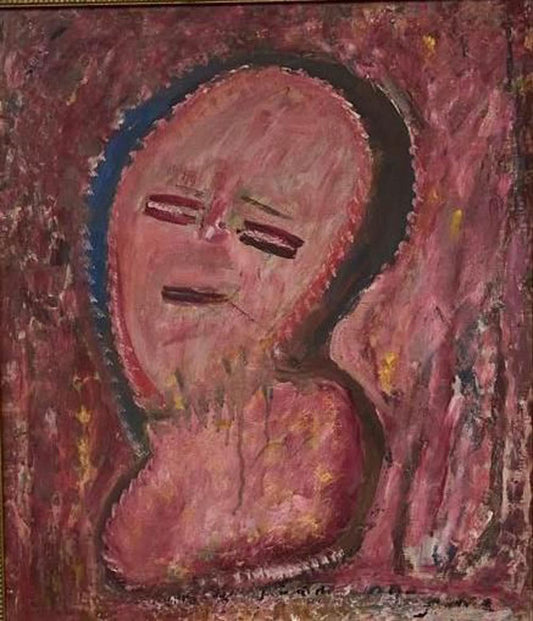 Abstract painting of a face with pink and brown tones