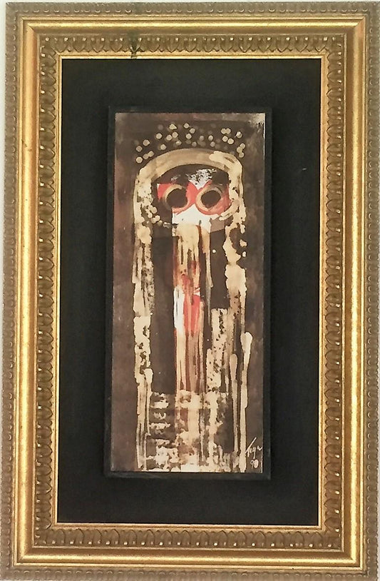 Jean-Claude Garoute-TIGA (1935-2006) 14,75"x6,25" Big Eyes 1998 Mixed Media on Board Frame 24,5"x16" #1NT