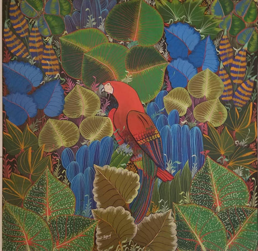 V. Rigaud 24"x24" Loro en aceite de selva en Masonite c1980 #1JN-HA