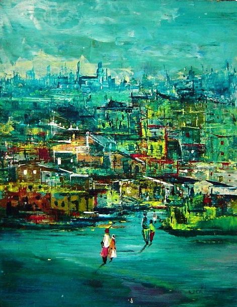 Johnny Valbrun II (Dcd en 2005) 9"x7" Village Scene Oil on Board #1-4-90