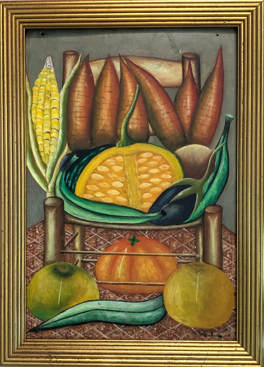 Gerard Valcin (1925-1988) 16"x11" Frutas sobre silla Óleo sobre Masonite #114-3-96GSN-NY