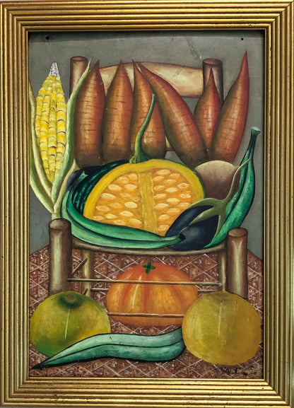 Gerard Valcin (1925-1988) 16"x11" Frutas sobre silla Óleo sobre Masonite #114-3-96GSN-NY