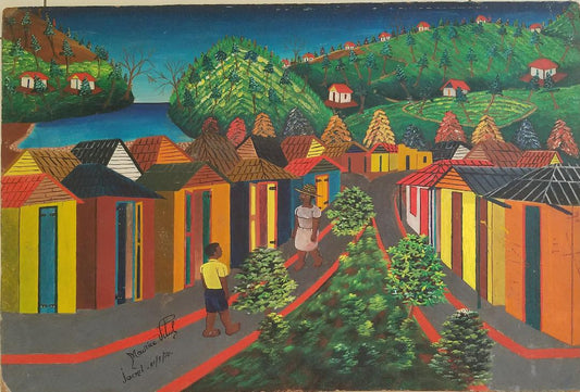 Maurice Vital 16"x24" Escena rural en Jacmel 1970 Óleo sobre tabla #2JN-HA