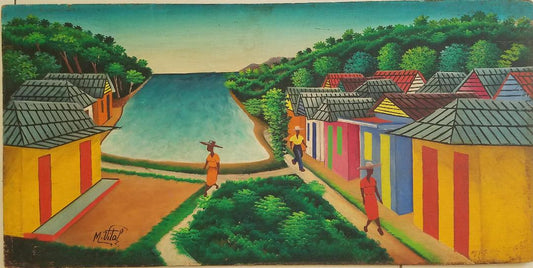 Maurice Vital 12"x24" Escena rural junto al río 1970 Óleo sobre tabla #3JN-HA