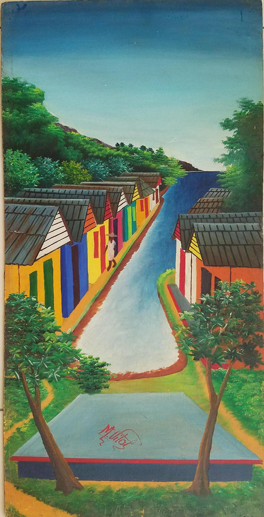 Maurice Vital 24"x12" Calles de Jacmel 1970 Óleo sobre tabla #5JN-HA