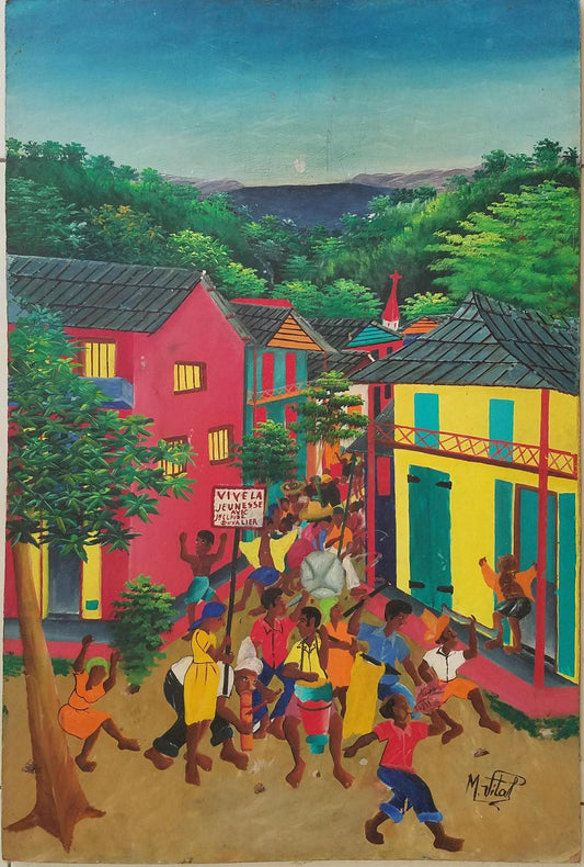 Maurice Vital 24"x16" Rara Carnival 1970 Óleo sobre tabla #4JN-HA