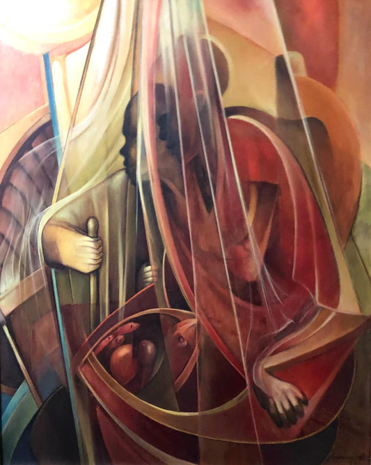 Bernard Wah (1939-1981) 30"x24" Twin on a Boat 1981 Óleo sobre lienzo Pintura enmarcada #19-3-96GSN-NY