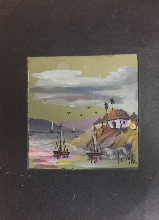 Edouard Wah (1938-2003) 3.5"x3.5" Escena marina Acrílico sobre papel #2MFN