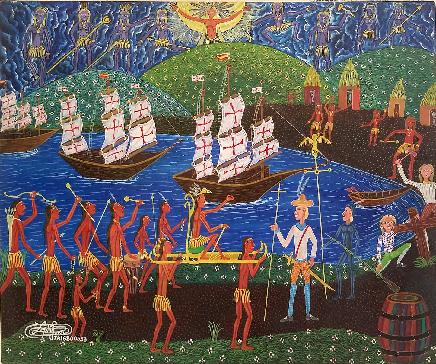 Frantz Zephirin 20"x24" "La llegada de las tres carabelas" 1995 Acrílico sobre lienzo #3JN-HA